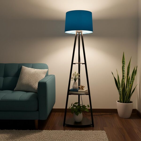 Glowing Homes Tripod Metal Floor Lamp with Shelves Stylish Standing Lamp for Living Room Decoration Bedroom Corner Stand Aesthetic Home Decor (Royal Blue) LED Bulb Included