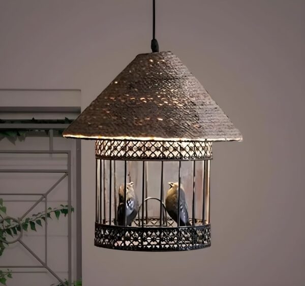 Glowing Homes Hanging Cord and Metal Bird Cage Pendant Lamp, Retro Style Indoor/Outdoor Light Fixture, Modern Woven Design (Without Bulb)
