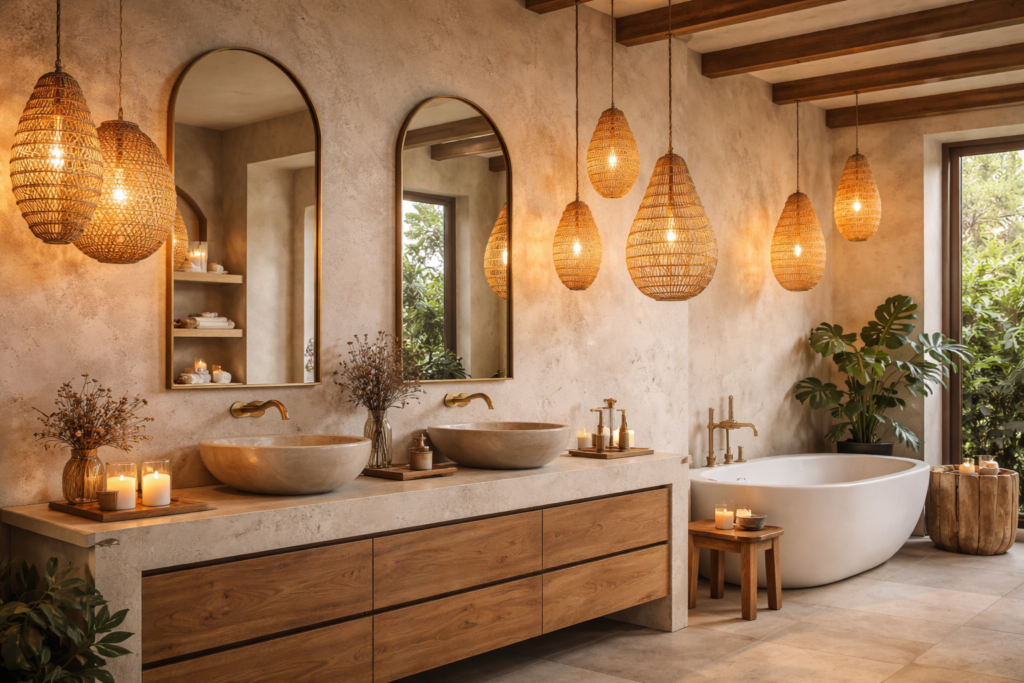 Luxurious bathroom with woven pendant lights